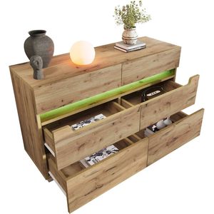 Merax Houten Kommode met 6 Lades en LED-verlichting – Eiken Sideboard met App-bediening – Moderne opbergkast voor woonkamer of slaapkamer – 120x40x71 cm – Eiken