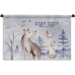 Wandkleed - Wanddoek - Winter - Wolf - Vogel - Konijn - 120x80 cm - Wandtapijt