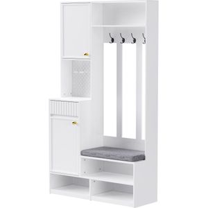 Garderobekastset, complete halgarderobeset met bank, 4 haken, deuren en lades - wit, compacte afmetingen 100×180×35 cm (B×H×D)