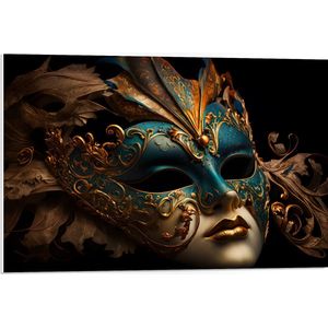 PVC Schuimplaat- Venetiaanse carnavals Masker met Blauwe en Gouden Details tegen Zwarte Achtergrond - 75x50 cm Foto op PVC Schuimplaat