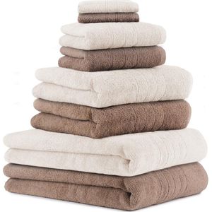 Badhanddoek Saunahanddoeken Set DELUXE 8 stuks badlakens handdoeken en gezichtsdoeken, mokka en roomkleurig.