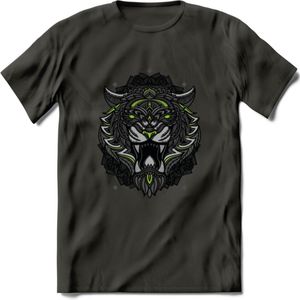 Tijger - Dieren Mandala T-Shirt | Groen | Grappig Verjaardag Zentangle Dierenkop Cadeau Shirt | Dames - Heren - Unisex | Wildlife Tshirt Kleding Kado | - Donker Grijs - XL
