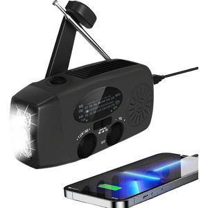 Noodradio - Noodradio Opwindbaar - 2000 mAh - Noodpakket - Opwindbaar - Solar - radio met zaklamp Zaklamp - Powerbank Noodradio - Noodradio Op Batterijen - Zwart - Voor Noodsituaties/Rampen/Camping - Draagbare