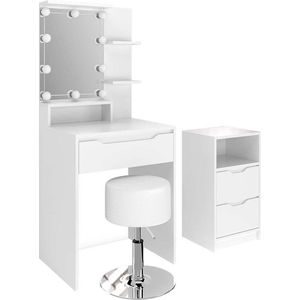Vicco Ruben Make-uptafel set met kruk – met ladeblok, LED-verlichting en kruk Wit met ladeblok, LED-verlichting en kruk
