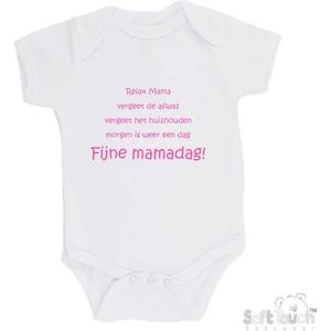100% katoenen Romper ""Relax Mama Vergeet de afwas Vergeet het huishouden Morgen is weer een dag FIJNE MAMADAG!"" Moederdag Meisjes Katoen Wit/roze Maat 68/74