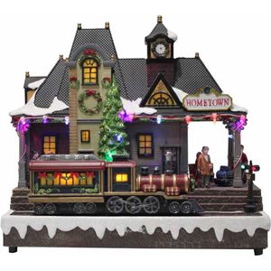 Kristmar treinstation – Kersttrein met licht en geluid – Bewegende trein voor kerstdorp - LED-verlichting – Inclusief adapter - L32xB16xH30 cm – Plastic - Multicolor