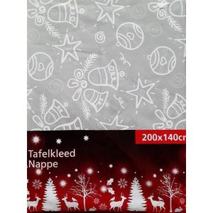 Kersttafelkleed  grijs met kerstballen kerstklokken en ster print - 140x200 - kerstmis - tafelkleed kerst - soepel vinyl met flanellen rug - tafellaken - kerstkleed grijs