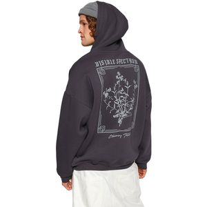 Trendyol Antraciet Oversized/Wide Cut Capuchon Bloemenprint Fleece/Warm Sweatshirt Tmnaw24Sw00100