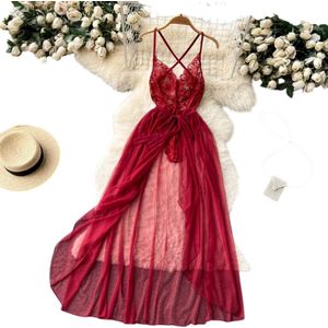 Dames Twee-Stuks Set: Veelkleurige Transparante Sexy Mesh Lange Rok en Bloemen Kant Top met V-Hals - Elegante Avondoutfit, Zomer Mode, Fashion Set Maat S