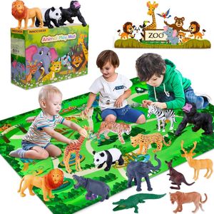 dieren Safari dieren figuren speelgoed, realistische wilde dierentuin dieren beeldjes met speelmat, grote jungle dieren speelset met olifant, giraf, leeuw, tijger, gorilla Panda... voor kinderen peuters, cadeauset