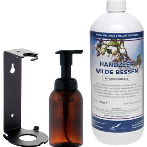 Zeepdispenser 300 ml amber bruin hervulbaar + 1 liter Handzeep Wilde Bessen navulling (inclusief beugel)