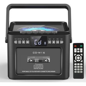 Draagbare CD-Cassette Speler - Retro Stijl - Boombox met 5000mAh Accu - Dubbele Stereo Luidsprekers - FM Radio - Met Afstandsbediening - USB/TF Kaart/AUX - Cassette Recorder - Voor Thuis, Reizen, Buiten, Huisentertainment