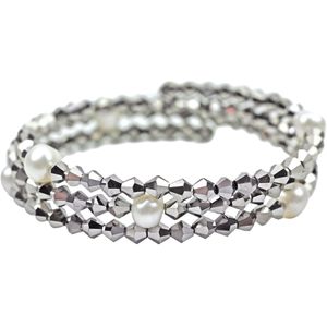 Zoetwater parel armband Pearl W Metalic Silver - echte parels - wit - zilver - kristallen - wikkelarmband