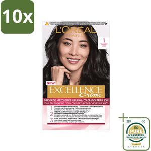 10 x L'Oréal Excellence Crème Permanente Crèmekleuring 1 Zwart - Grootverpakking - Haarverf - Grijsdekking - Permanente Haarverf - Zwart Haar - Crème Kleuring