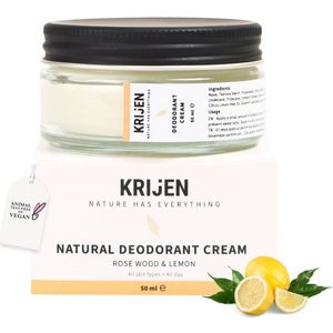 Krijen Rosewood & Lemon Cream Deodorant – Aluminiumvrij & Vegan – Tegen lichaamsgeur & verkleuring – Huidvriendelijk & residuvrij – Voor vrouwen & mannen – 50 ml