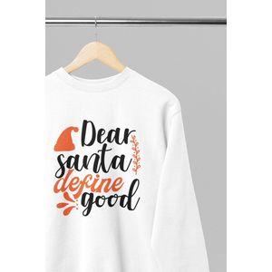 Foute kersttrui - Dear santa define good - Wurban Wear | 18+ | Grappige sweater | Leuk cadeau | Unisex sweater | Oversized sweater | Kersttrui heren | Foute kerstkleding | Kerst sweater | Kersttrui dames | Foute kersttruiendag 2025 | Wit