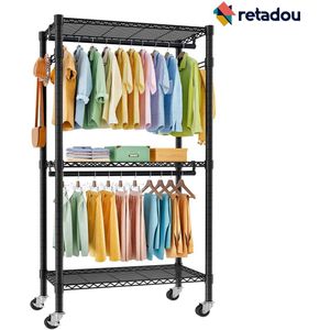 Retadou - Kledingrek op wieltjes, kledingstang, zware belasting, kledingrek, metalen kapstok, kledinghanger, kledingkast met 3 kledingstangen en plank, haken (zwart, 41 D x 81 B x 210 H)