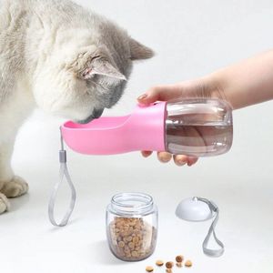 Honden/Katten Waterfles 300ml - 2 in 1 - Voeropslag 100gram - Draagbare Honden/Katten Drinkfles - Polsband - Honden Voerbak - Katten Voerbak - Voor Onderweg - Roze