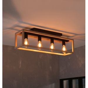 INSPIRE - Plafondlamp ELGORT - Plafondlamp met 4 lampen - 4 x E27 40W - H.28 cm x L.80 cm - IP20 - Metaal en hout - Zwart - Made in Europe