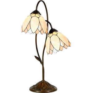 HAES DECO - Tiffany Tafellamp Ø 33x61 cm Beige Bruin Glas Bloemen Tiffany Bureaulamp Tiffany Lampen Glas in Lood