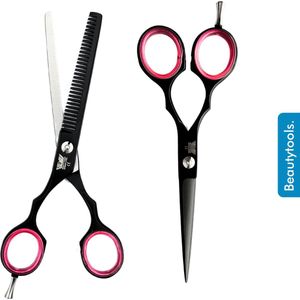 BEAUTYTOOLS Set Linkshandige Kappersschaar + Uitdunschaar/ Effileerschaar - Matt Black (5.5 Inch) - (RLS-2823)