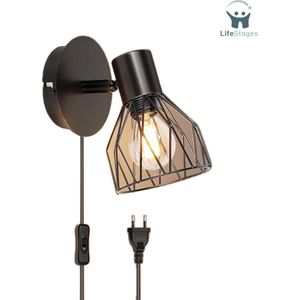 LifeStages - Wandlamp Binnen met Snoer - Wandlamp met Schakelaar en Stekker - Wandlamp met Stekker Binnen - Zwenkbaar - E14 - Wandspot voor Slaapkamer - Wandlamp voor Woonkamer - Zwart
