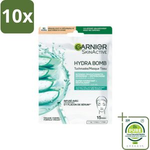 10 x Garnier - SkinActive - Hydrabomb Tissue Masker - Hyaluronzuur & Aloe Vera - Super Hydraterend - 1 Gezichtsmasker - Grootverpakking - Hydraterend Masker - Hyaluronzuur - Aloë Vera - Gezichtsmasker - Droge Huid