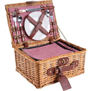 Handgemaakte picknickmand voor 2 personen met koelvak, multifunctioneel mes, roestvrijstalen bestek, porseleinen borden en wijnglazen | ROOD