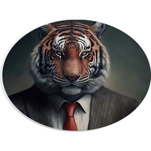 PVC Schuimplaat Ovaal - Tijger in Gestreept Zakelijk Pak met Rode Stropdas - 28x21 cm Foto op Ovaal (Met Ophangsysteem)
