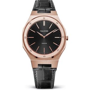 Valuchi Mannen Signature Italiaans Leer Roestvrijstaal Japanse Quartz Horloge - Leer Roségoud Zwart