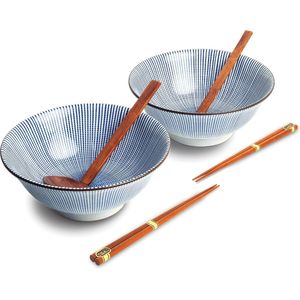 Luxe - Ramenbowlset - Tokusa - 2 Persoons - Compleet set - Ramen bowl set - 6 delig - Blauw - Ø22 cm | H9 cm - Ramen - Ramen bowl - Sushi stokjes - Chopsticks - Eetstokjes - Houten lepel - Soeplepel - Kom - 100% Porselein - Schaal - Sushi servies
