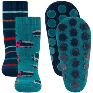 Antislipsokken Ewers Kindermaat - DUOPACK - Petrol & Donkerblauw met Vrachtautos/Kranen & Streepjes - Siliconen Noppen-18/19