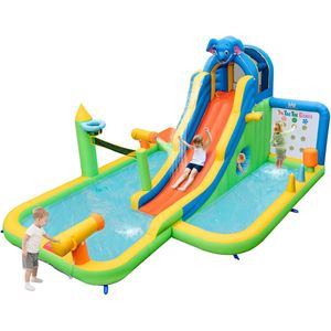COSTWAY Springkasteel met droog-/waterglijbaan, klimwand, kinderbadje, waterkanon, ringwerpspel, volleybalveld, basketbalmand, Bouncy Castle voor kinderen, 469 x 378 x 250 cm