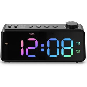 Digitale wekkerradio voor de slaapkamer, 15 cm groot kleurendisplay voor kinderen en tieners, 2 wekkers met weekdag/weekend, 0-100% dimbare helderheid, nachttafelklok met USB-oplader