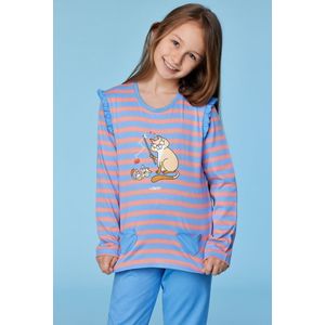 Woody Meisjes-Dames pyjama blauw-roze streep - maat XXL