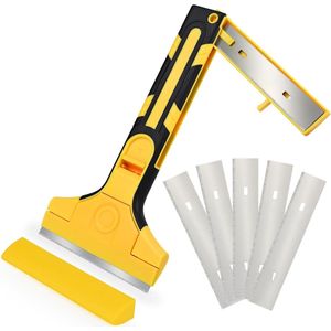 Wallpaper Remover with 5 Blades 100 mm, Handle with Can Store Blades, Floor Scraper, Paint Scraper for Removing Wallpaper and Floor Tile Adhesive, Paint, Decals, Yellow