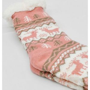 Merino Wollen sokken - Licht Roze met Dennenboom - maat 35/38 - Huissokken - Antislip sokken - Warme sokken – Winter sokken