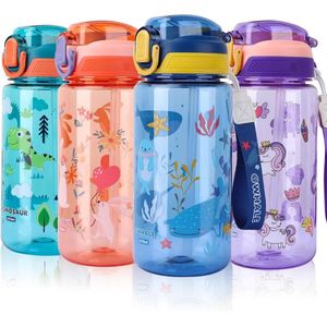 Drinkfles voor kinderen - 600 ml - kinderdrinkfles met rietje - BPA-vrije kinderwaterfles - sportwaterfles met lekvrij flip-topdeksel voor meisjes en jongens - blauw walvis