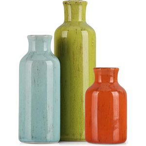 Oranje groene keramische vaas set van 3 moderne boerderijdecoratie Meerkleurige keramische kleine vaas voor boerderijdecoratie Woonkamerdecoratie Tafeldecoratie en entreedecoratie