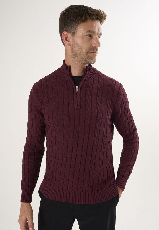Felix Hardy - Kabelgebreide Trui - Bordeaux - 100% Katoen - Heren