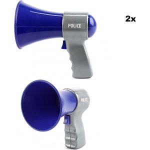 2x Politie megafoon blauw/grijs - mega foon geluid fun festival thema feest party demonstratie