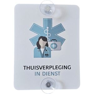 Autobord ""Thuisverpleging - In dienst"" | 14 x 18 cm | + 2 zuignappen | Tijdelijk label autoraam | Autoruit | Verpleegster | Nurse | Dokter | Medische assistentie | Tijdelijk parkeren | Eerste hulp | Verpleging | Verpleger | Ultra dun | 1 stuk