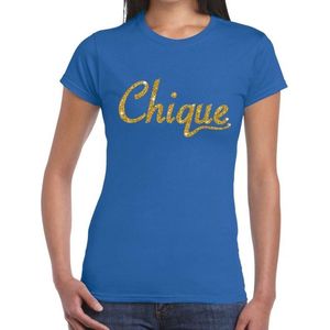 Chique goud glitter tekst t-shirt blauw voor dames XS