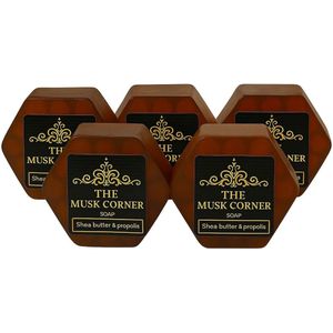 Set van 5 handgemaakte natuurlijke zepen met sheaboter en gemalen propolis – Luxe verzorging & hydratatie – geurvrij -ca. 55 g per stuk