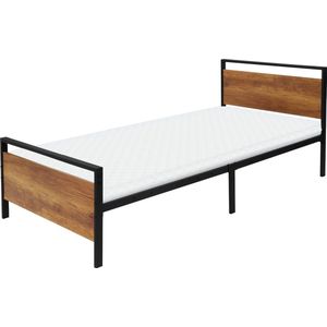 Metalen bed 90x200 cm zwart met lattenbodem en matras met houten hoofdbord en voeteneind ML design