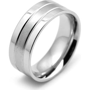 Ring Heren Zilver Kleurig met Dubbele Streep - Staal - Ringen - Cadeau voor Man - Mannen Cadeautjes