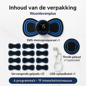 EMS Massage Apparaat-massage- TENS -12Stuks- Spierstimulatie - Stimuleert Bloedsomloop - Geschikt voor Rug, Armen en Benen - Draadloos - 54 standen - Zwart/Blauw