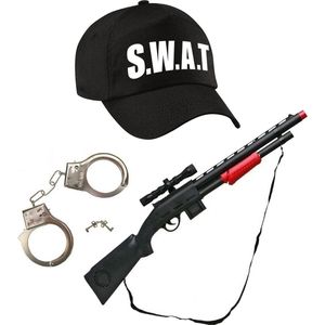 Carnaval verkleed speelgoed SWAT team politiepet zwart voor kinderen met geweer en handboeien
