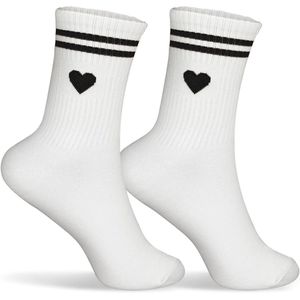 Witte katoenen sportsokken met strepen en hartmotief in maat 36-42, geschikt voor dames en heren, comfortabel en leuk als grappig cadeau