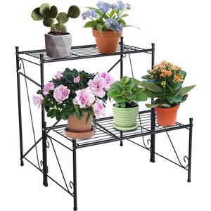 Plantenstandaard, 2 etages, metalen plantenstandaard, opbergrek, bloempothouder, display plank, zwart